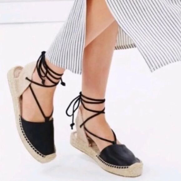 Soludos Black Leather Gladiator Lace Up Espadrilles Sz 7.5 - Picture 1 of 7